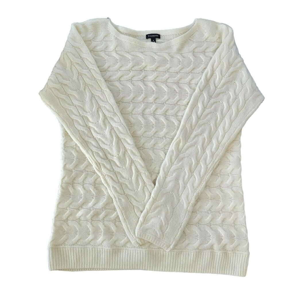 Talbots Merino Wool Blend Cable Knit Sweater Boatneck Women's Size S Cream White